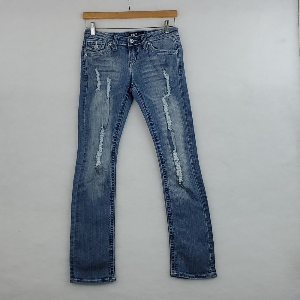 VIP Blue Denim Cotton/Spandex Jeans Women's US Size 5/6 Blue Denim Distressed